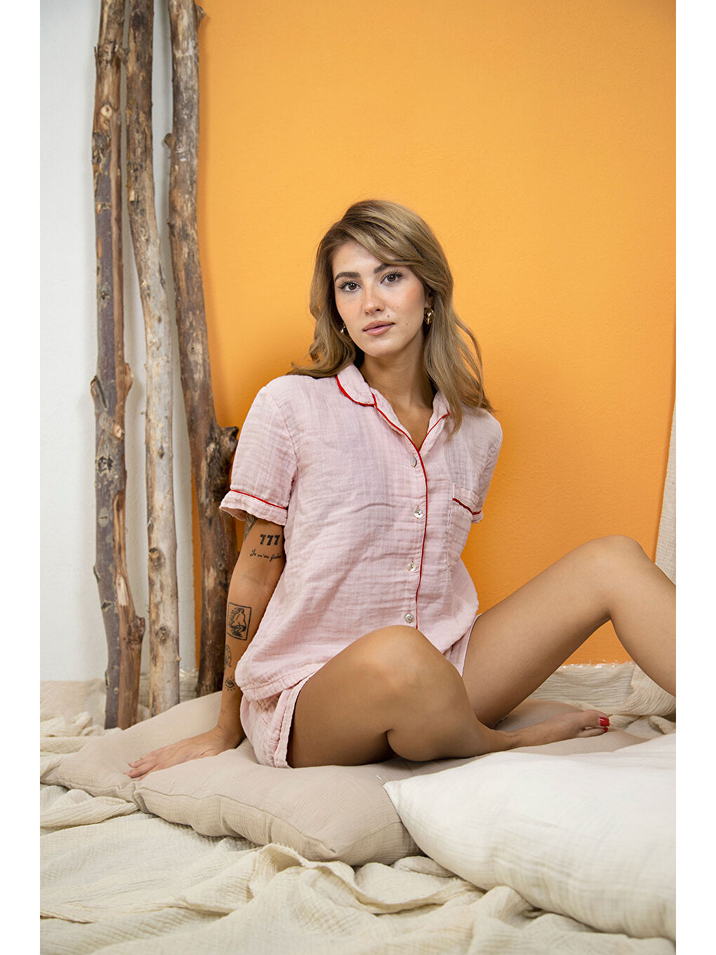 %100 Pamuk Müslin Kadın Şortlu Pijama & Ev Giyim Takımı – Pembe