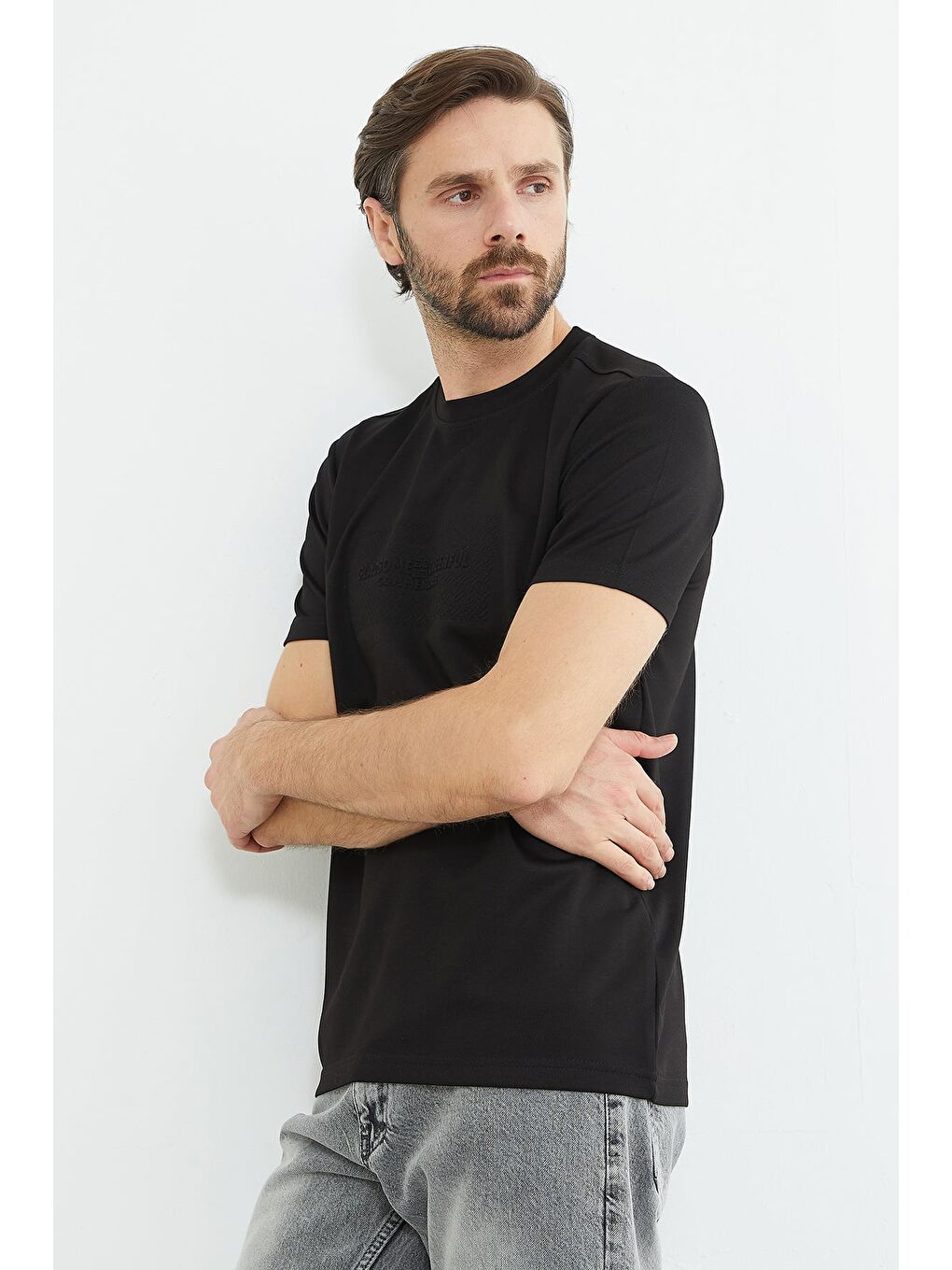 Siyah Slogan Baskılı Bisiklet Yaka Tişört-4