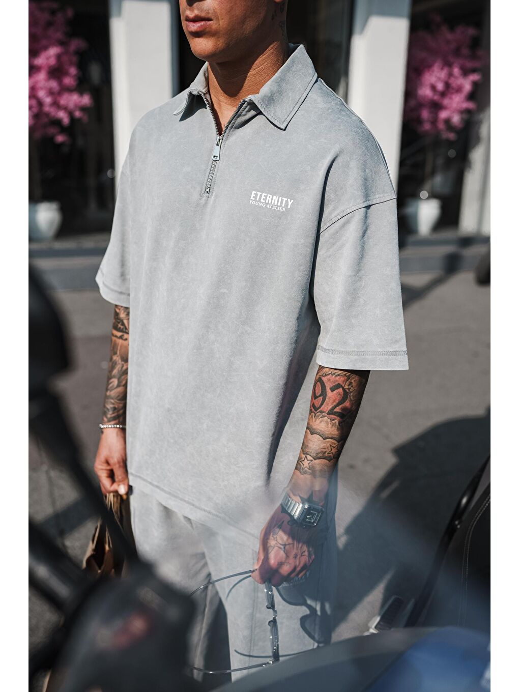 Erkek Polo Yaka Yıkamalı Oversize T-Shirt Gri-2