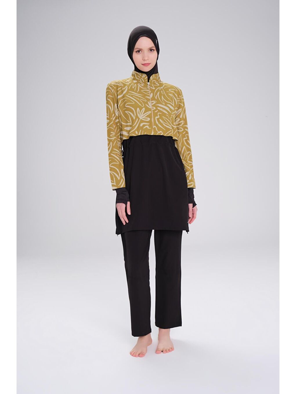 Esila Çiçek Desenli Siyah Hardal Jileli Tam Tesettür Mayo Üstü 2934-1