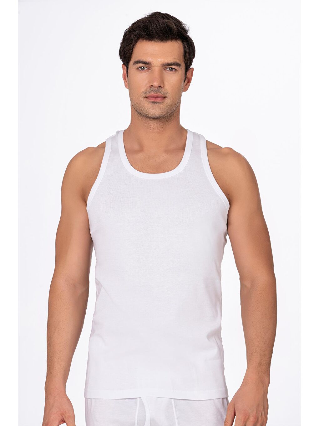 Erkek Pamuklu Ribana Sırtı Çapraz Sporcu Atlet | Beyaz K0058