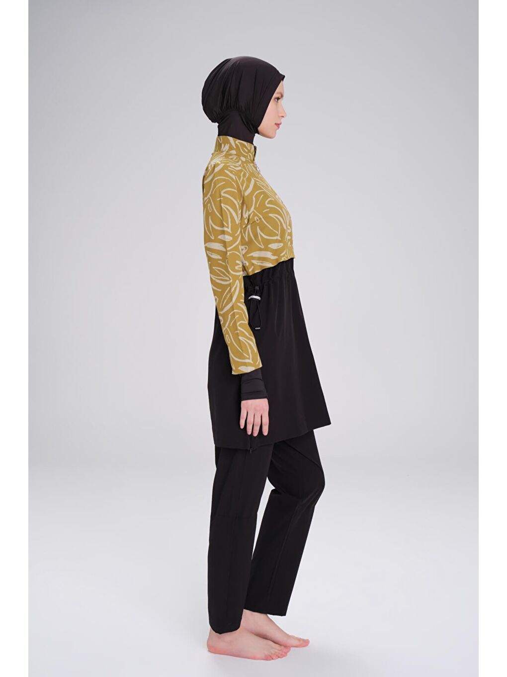Esila Çiçek Desenli Siyah Hardal Jileli Tam Tesettür Mayo Üstü 2934-2