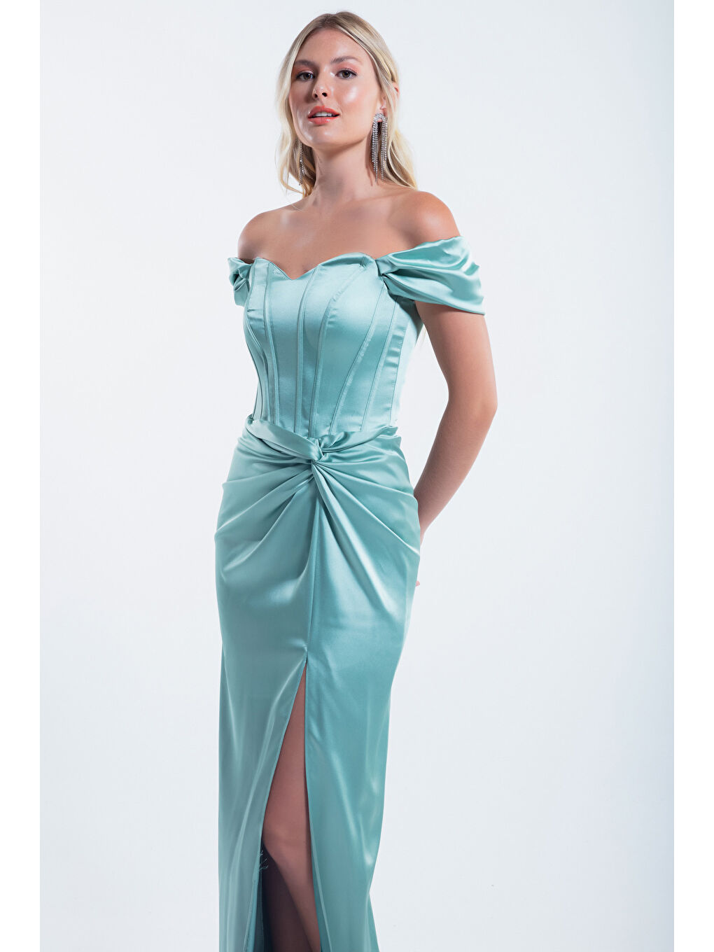 Kadın Mint Yeşili Balen Korseli Uzun Saten Abiye Elbise-2