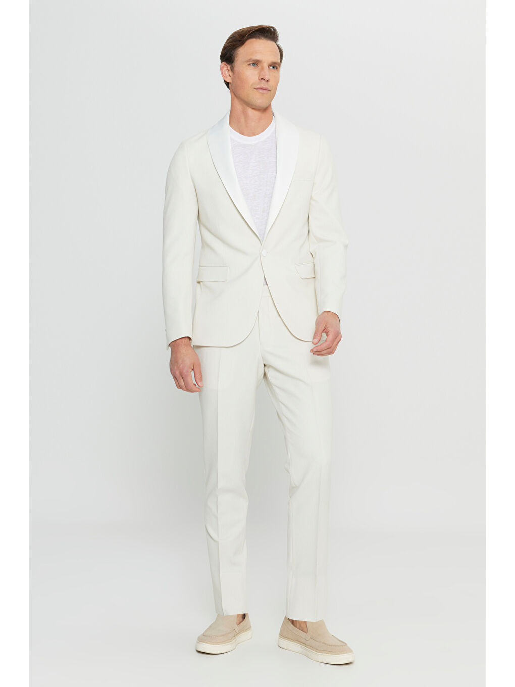 Erkek Ekru Slim Fit Dar Kesim Çıkma Şal Yaka Kapak Cepli Damatlık Smokin Takım-7