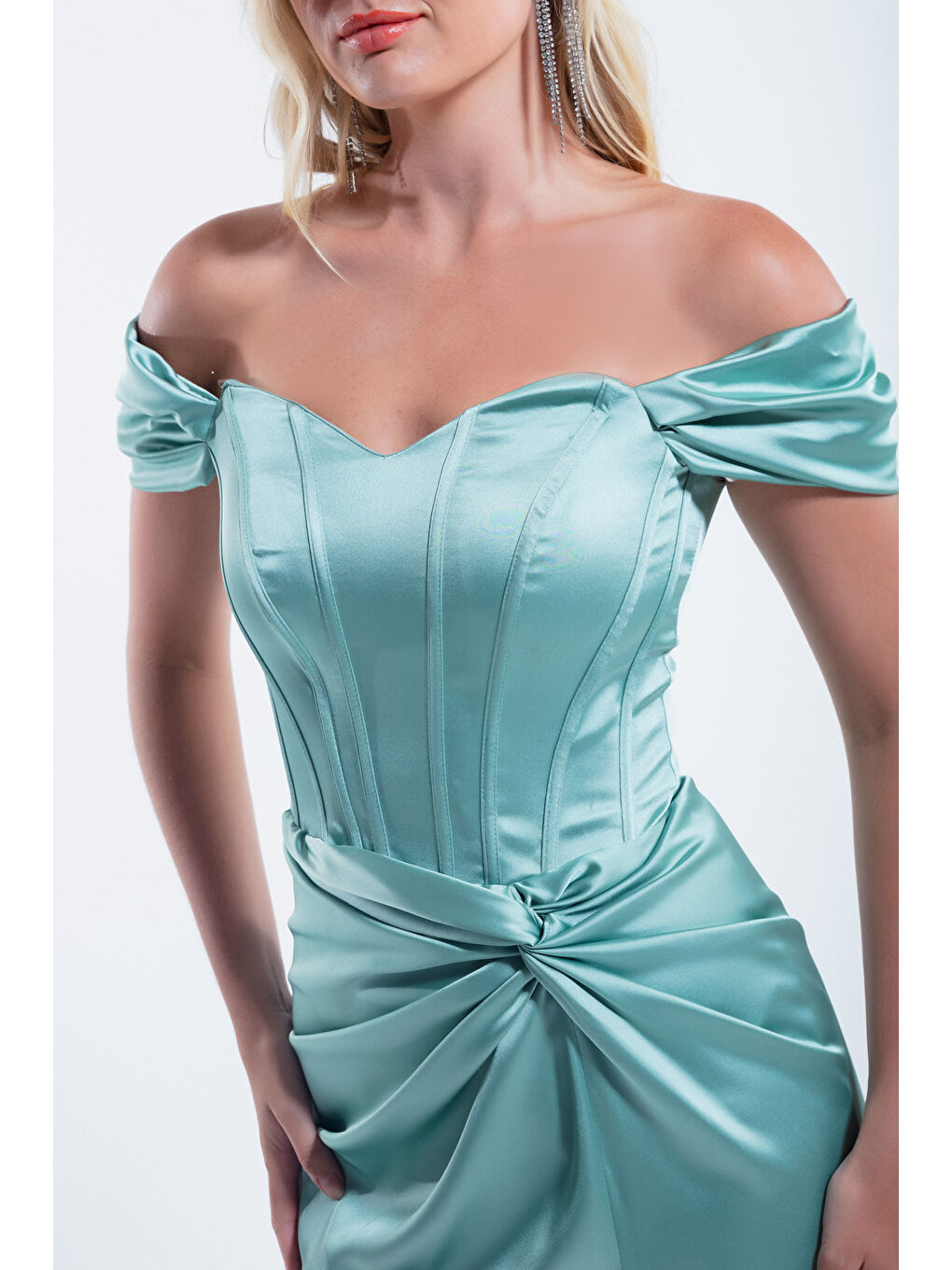 Kadın Mint Yeşili Balen Korseli Uzun Saten Abiye Elbise-3