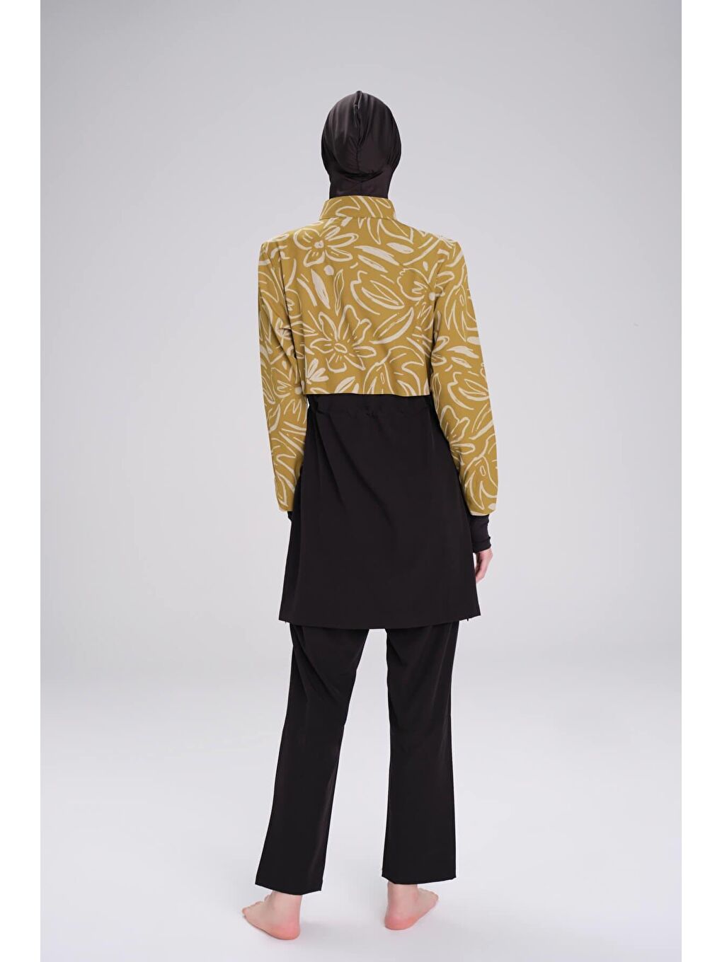 Esila Çiçek Desenli Siyah Hardal Jileli Tam Tesettür Mayo Üstü 2934-3