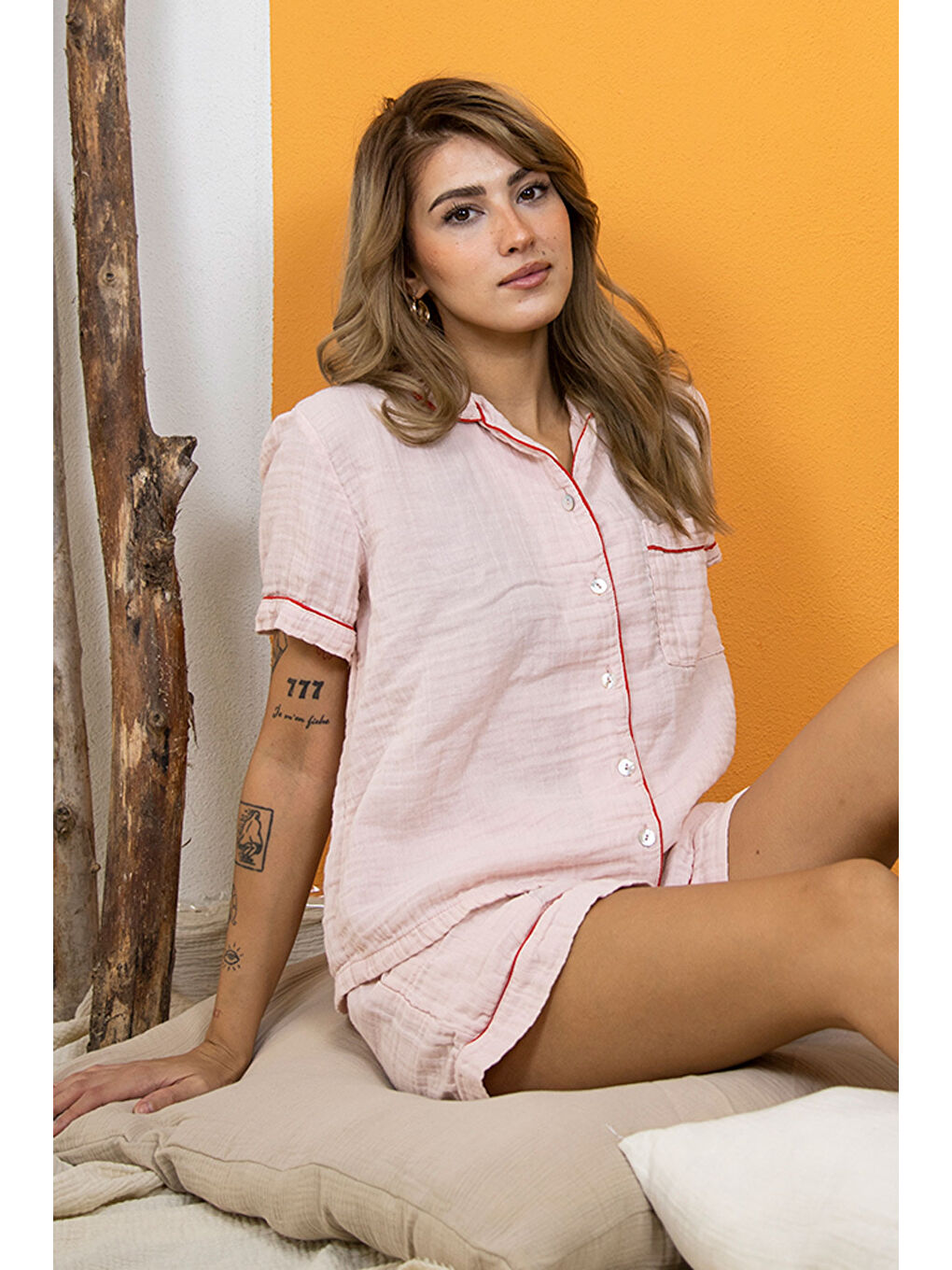 %100 Pamuk Müslin Kadın Şortlu Pijama & Ev Giyim Takımı – Pembe-1