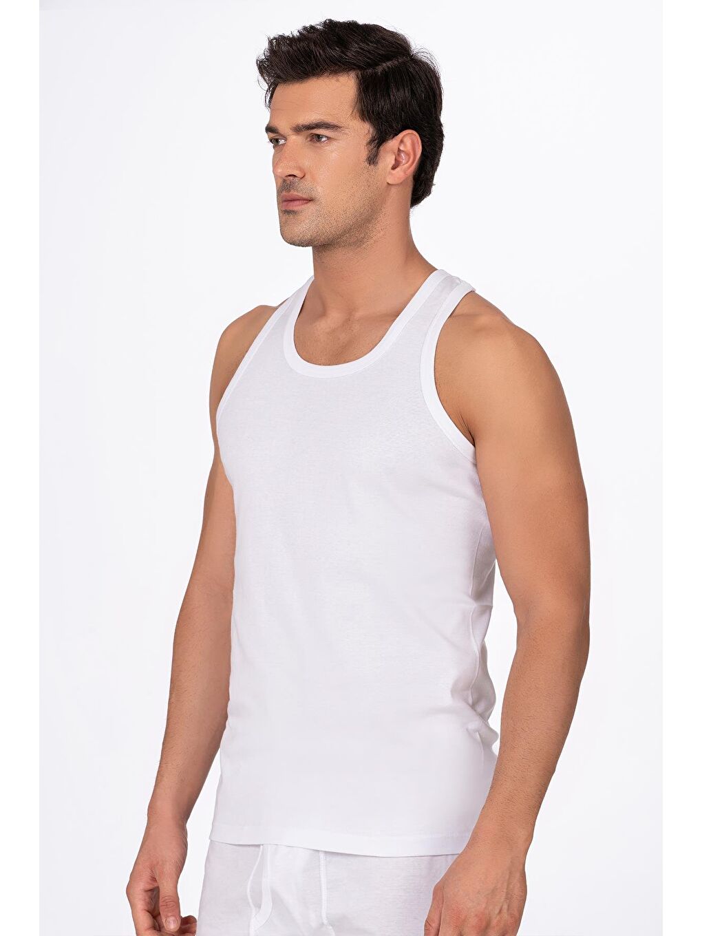 Erkek Pamuklu Ribana Sırtı Çapraz Sporcu Atlet | Beyaz K0058-1