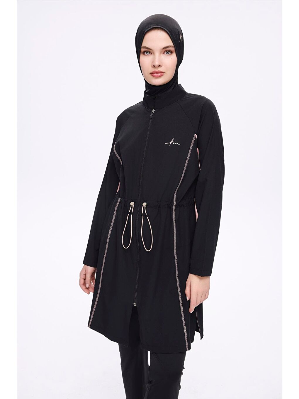 Pembe Biyeli Siyah 5 Parça Tam Tesettür Mayo Takımı 5009-1