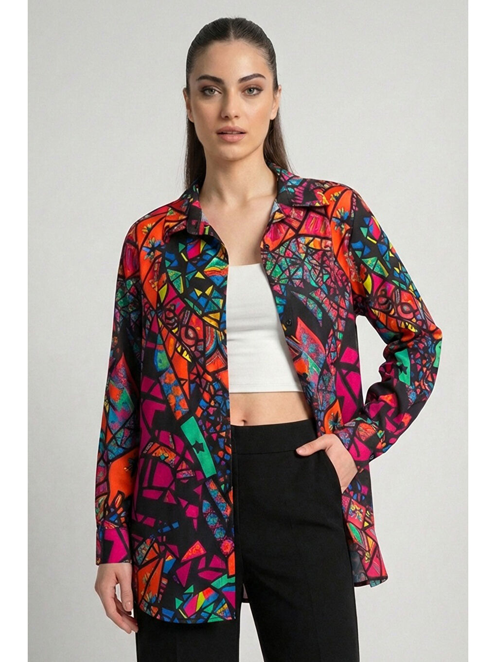 3721 Grafik Desenli Gömlek - Fuşya