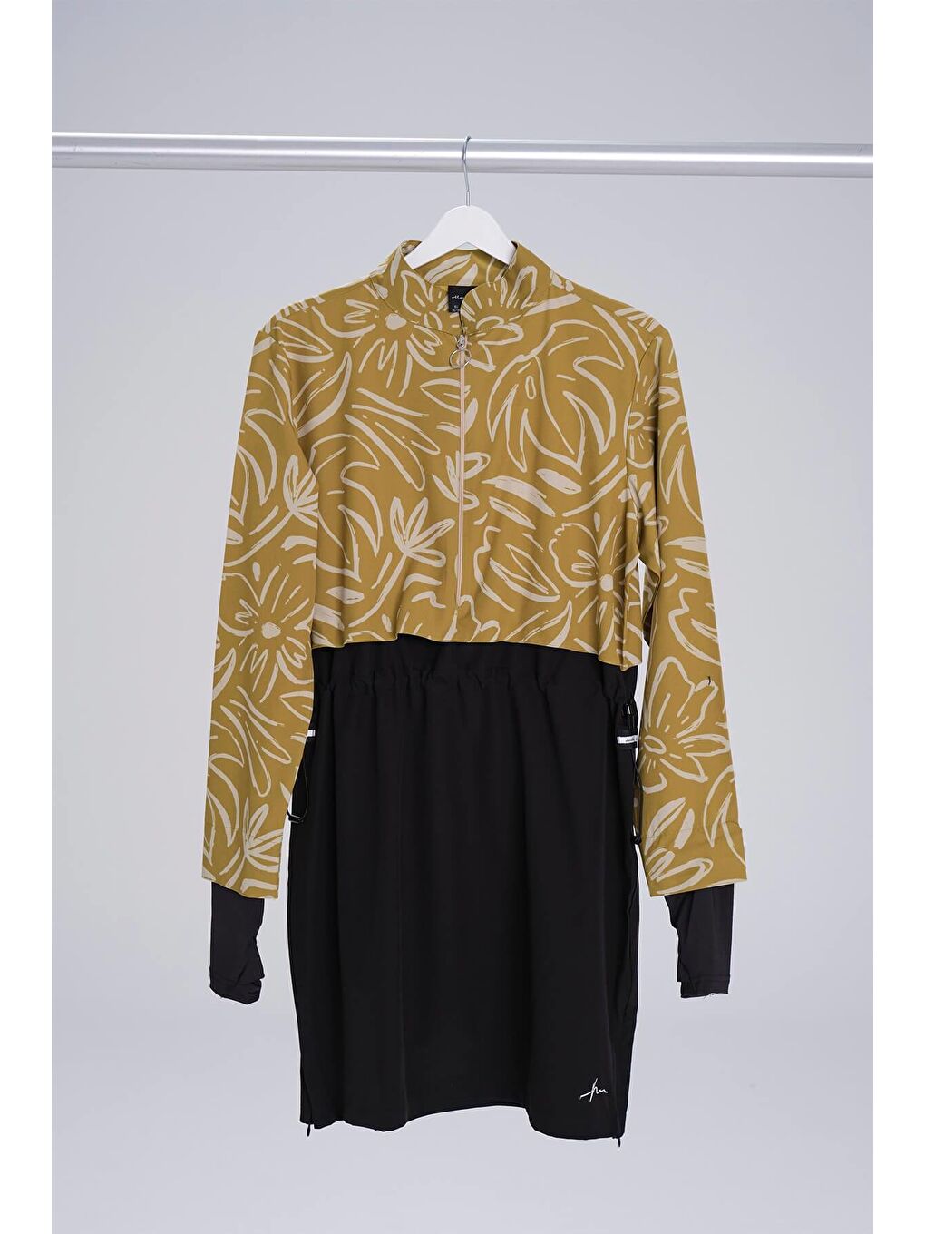 Esila Çiçek Desenli Siyah Hardal Jileli Tam Tesettür Mayo Üstü 2934-6