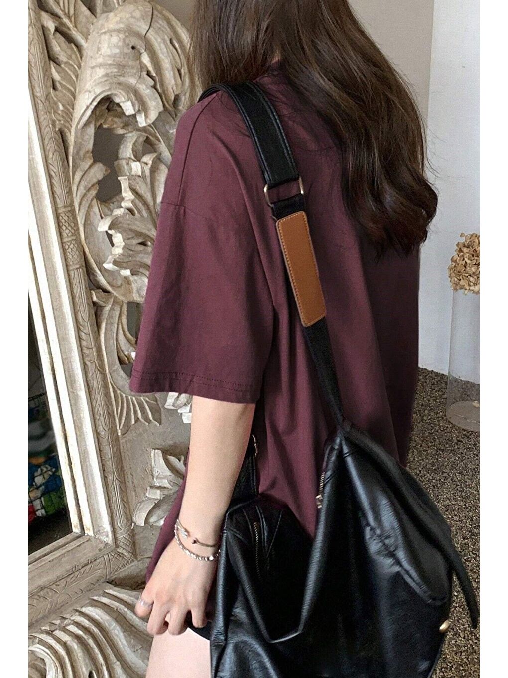 Bordo Kadın BORDO Bisiklet Yaka Thousand Baskılı Oversize T Shirt-1