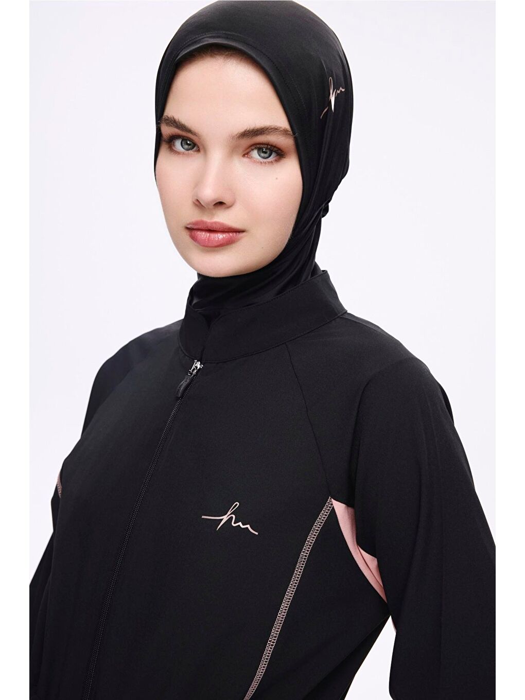 Pembe Biyeli Siyah 5 Parça Tam Tesettür Mayo Takımı 5009-2