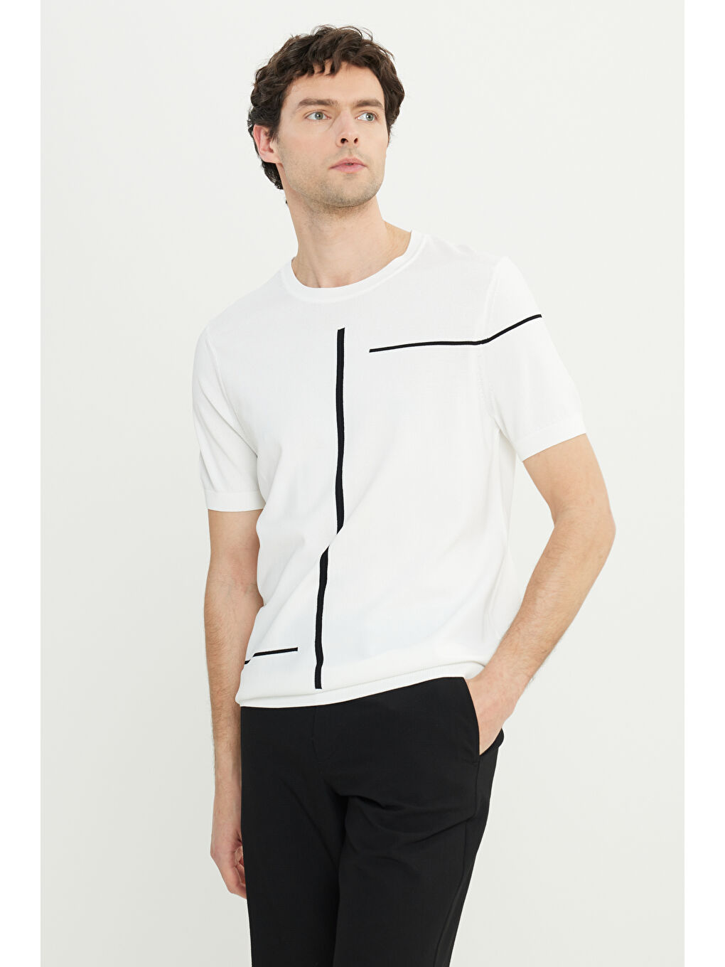 Erkek Ekru Standart Fit Normal Kesim Bisiklet Yaka Jakarlı Triko Tişört