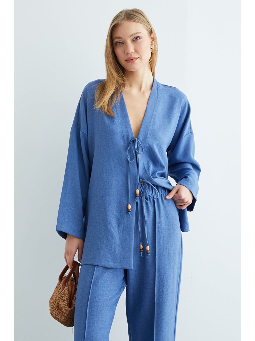 İndigo Önü Bağlamalı Keten Kimono 2 Li Takım-1