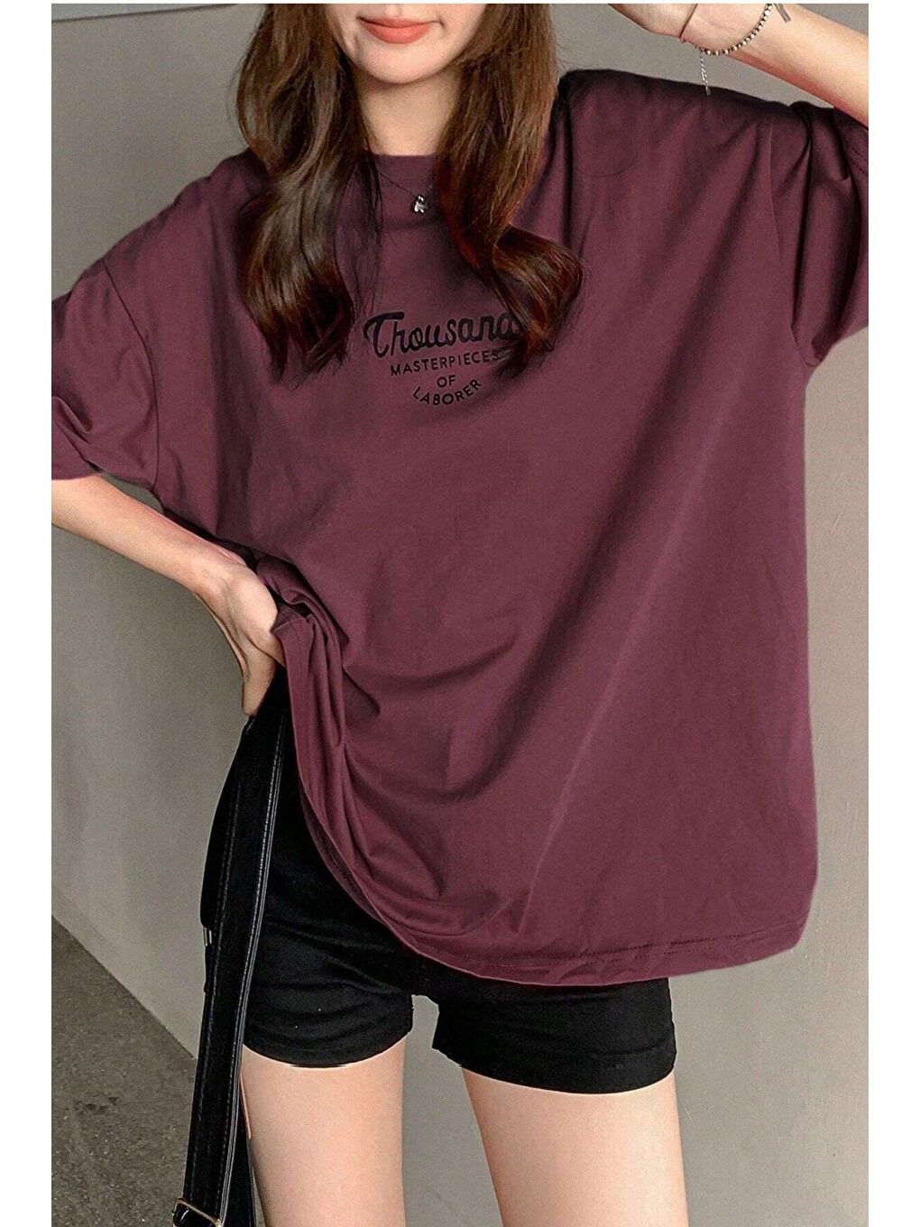 Bordo Kadın BORDO Bisiklet Yaka Thousand Baskılı Oversize T Shirt-3