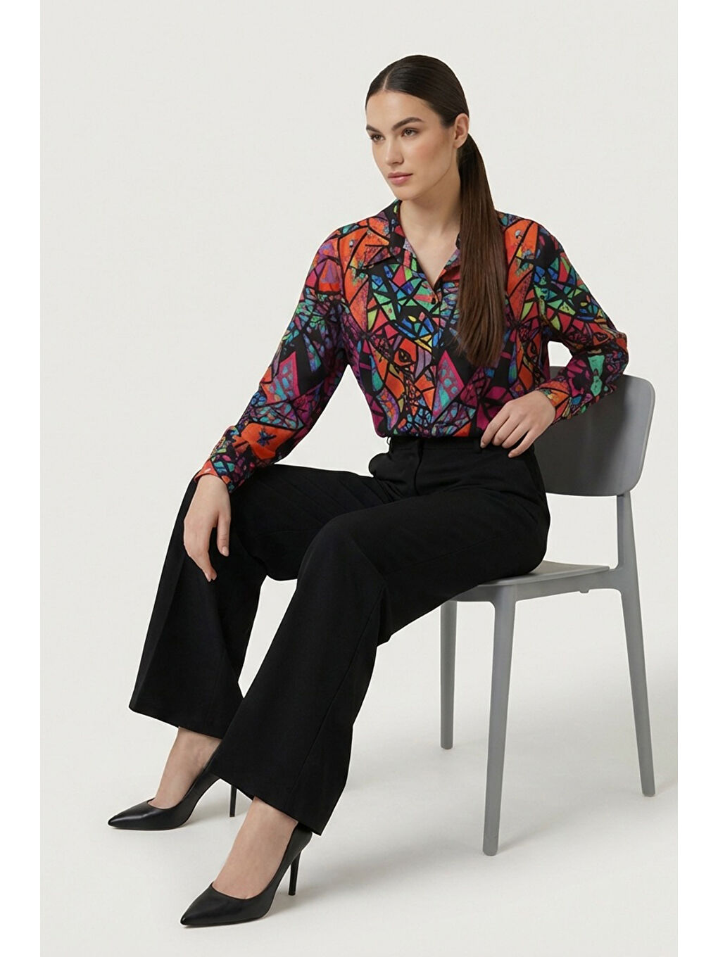 3721 Grafik Desenli Gömlek - Fuşya-1