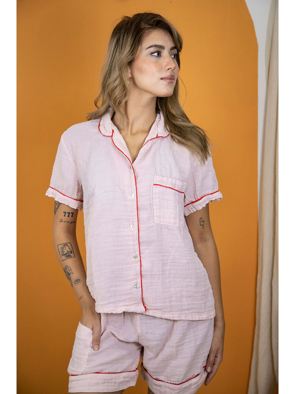 %100 Pamuk Müslin Kadın Şortlu Pijama & Ev Giyim Takımı – Pembe-2