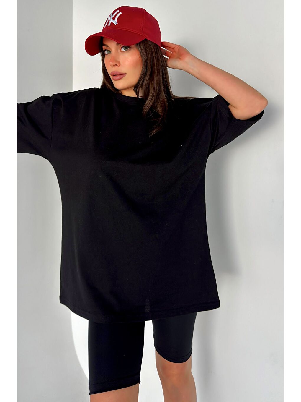 Siyah Kadın Düz Renk SİYAH Oversize T Shirt
