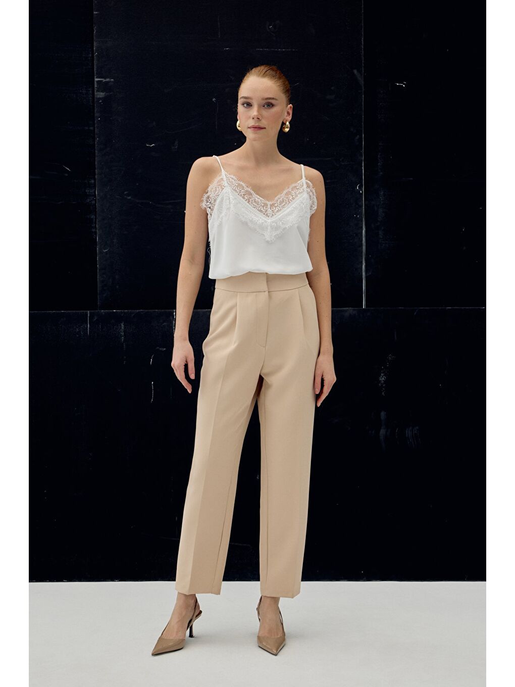 Yüksek Bel Klasik Pantolon - Bej-3
