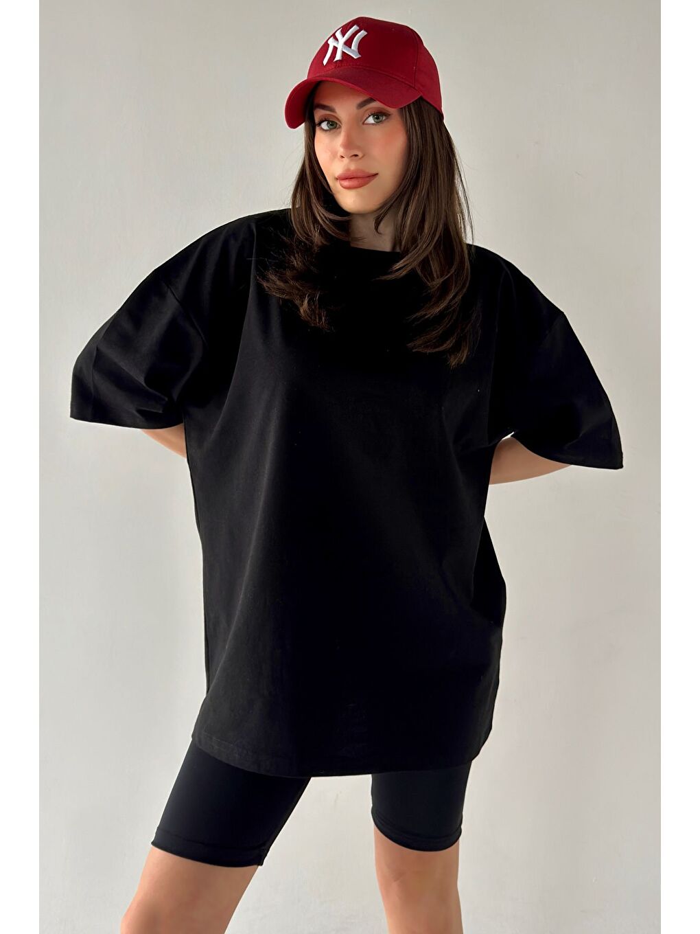 Siyah Kadın Düz Renk SİYAH Oversize T Shirt-1