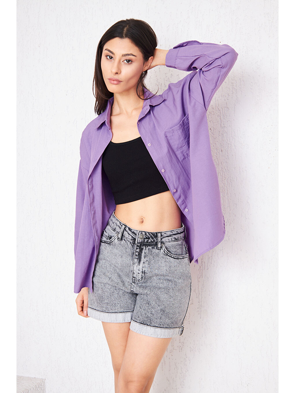 Kadın Cepli Trend Kollu Düğmeli Mor Gömlek