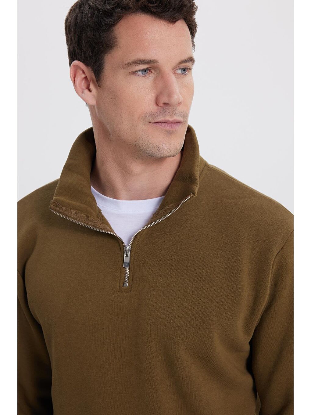 Unisex Relax Fit Rahat Kesim Pamuklu İçi Polarlı Yarım Fermuarlı Yeşil Dik Yaka Sweatshirt-1