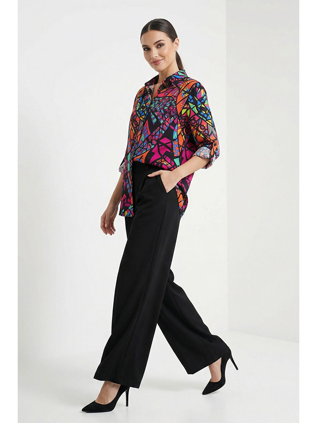 3721 Grafik Desenli Gömlek - Fuşya-2