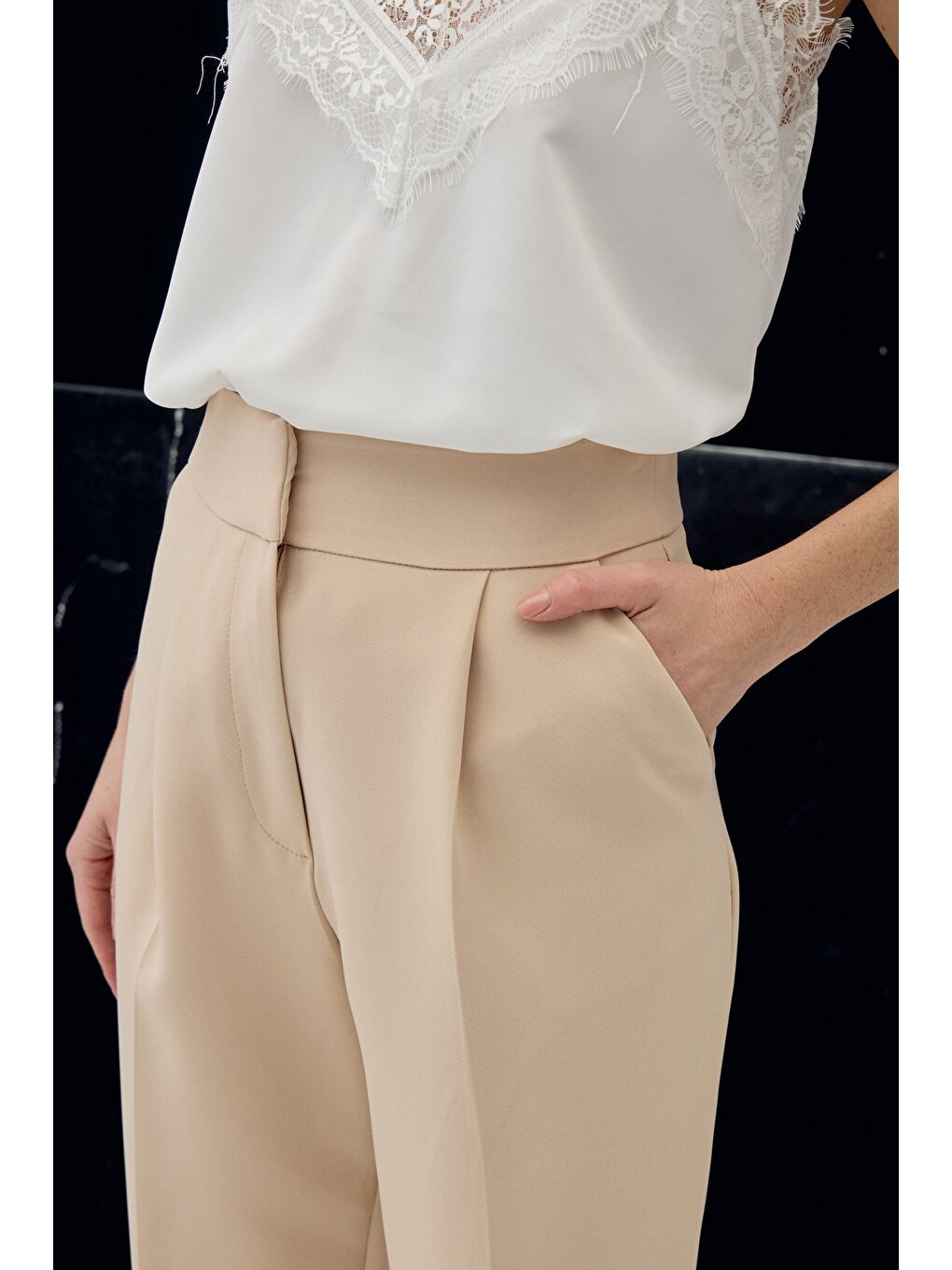 Yüksek Bel Klasik Pantolon - Bej-4