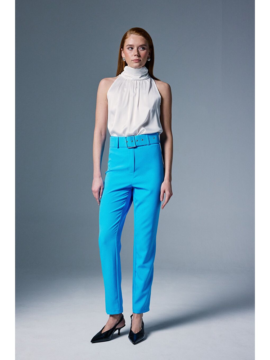 Yüksek Bel Kemerli Pantolon - Bebe Mavi-1