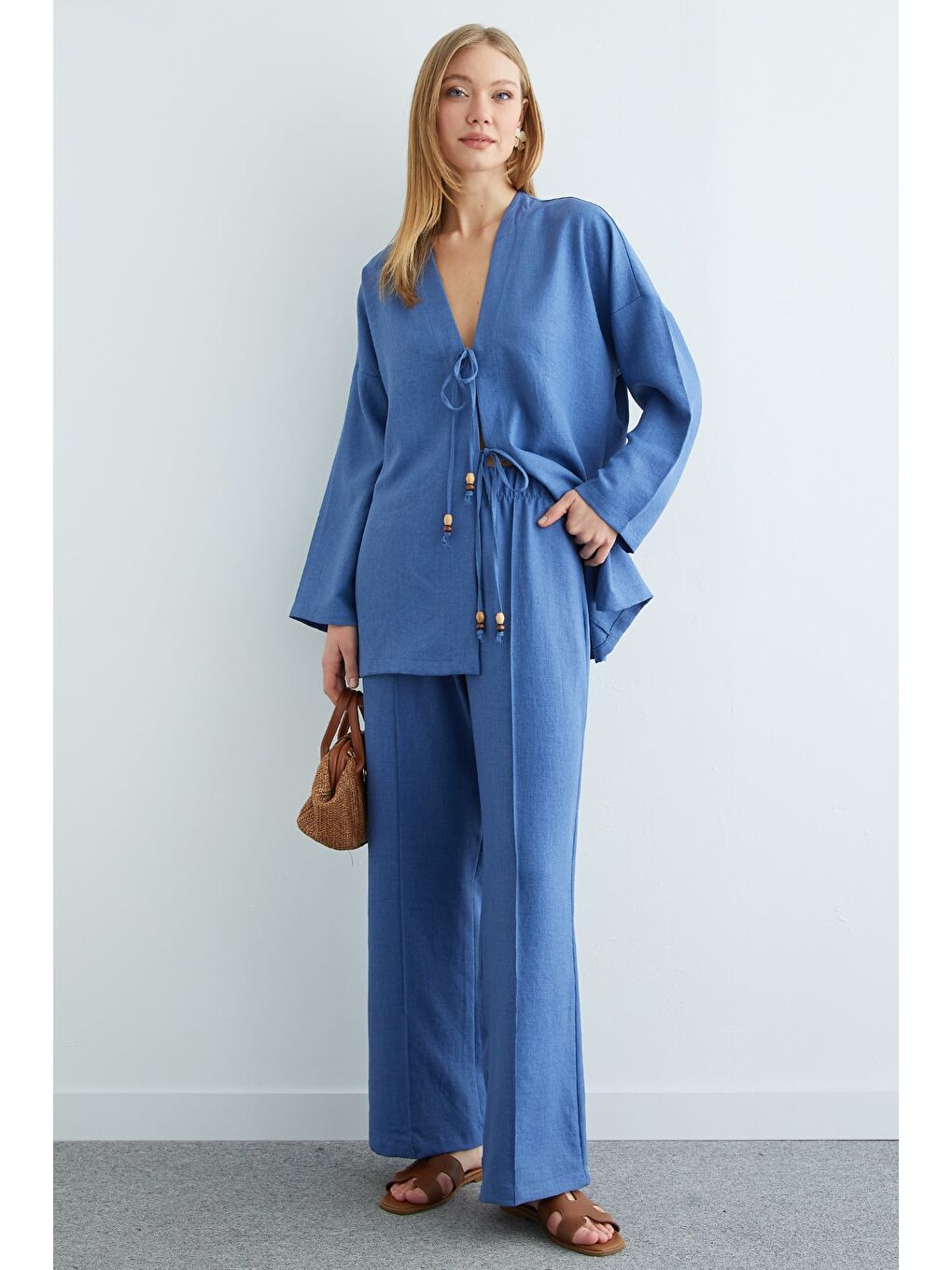 İndigo Önü Bağlamalı Keten Kimono 2 Li Takım-2