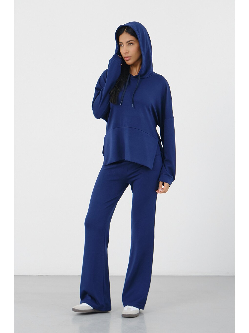 Lacivert Kadın Kapüşonlu Salaş Takım Oversize Sweat ve Geniş Paça Alt