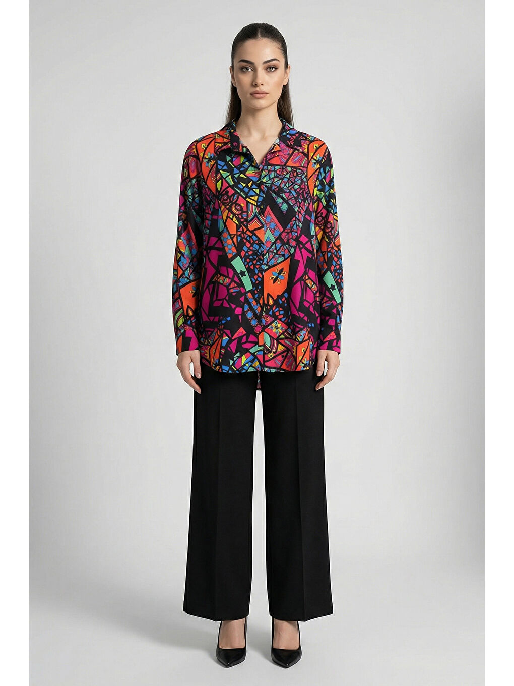 3721 Grafik Desenli Gömlek - Fuşya-3