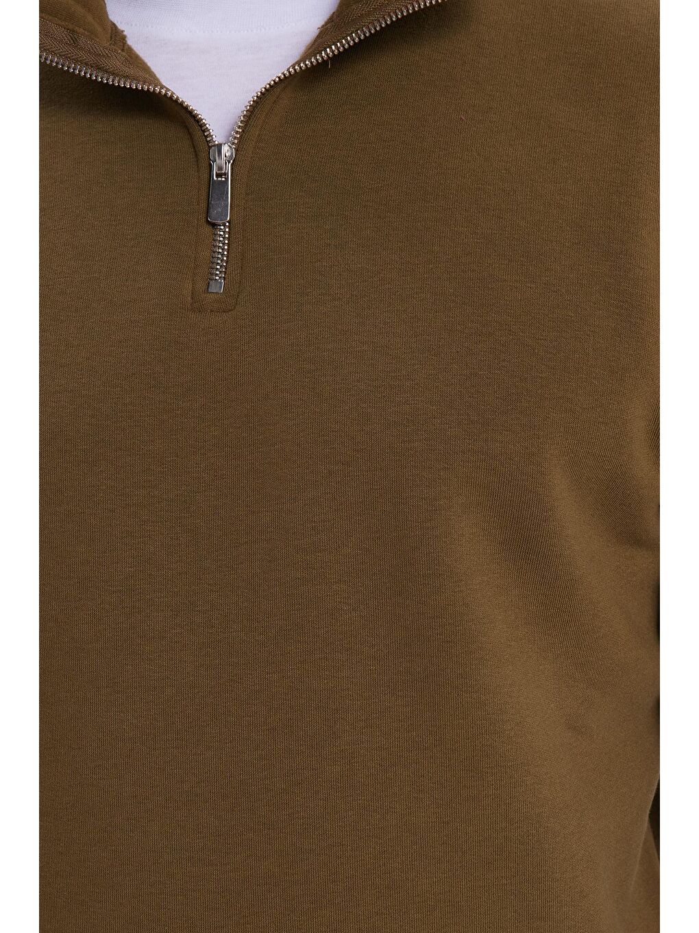 Unisex Relax Fit Rahat Kesim Pamuklu İçi Polarlı Yarım Fermuarlı Yeşil Dik Yaka Sweatshirt-2