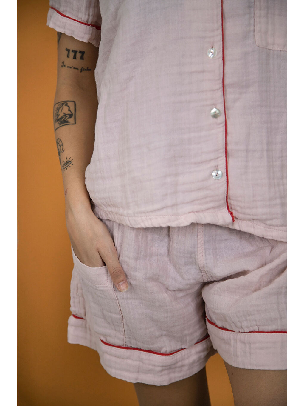 %100 Pamuk Müslin Kadın Şortlu Pijama & Ev Giyim Takımı – Pembe-3