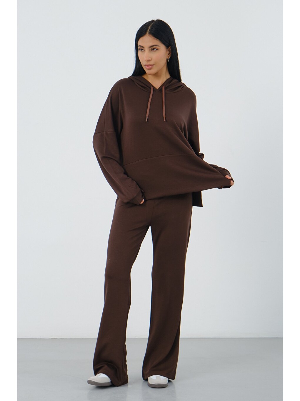 Kahverengi Kadın Kapüşonlu Salaş Takım Oversize Sweat ve Geniş Paça Alt-2