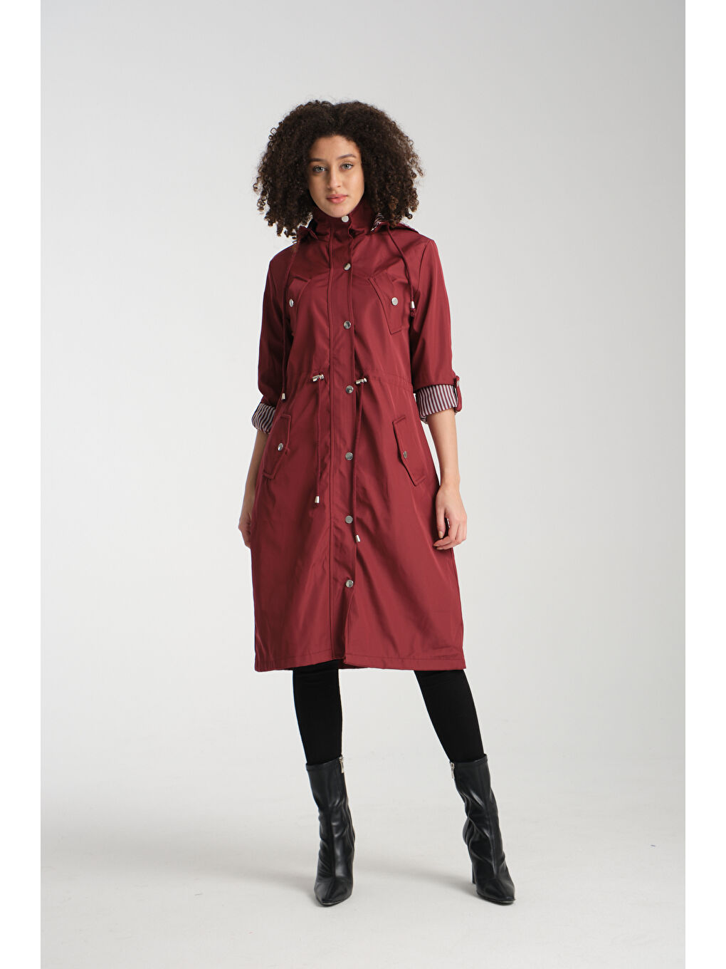 Bordo Kadın Uzun Trençkot 8154-1