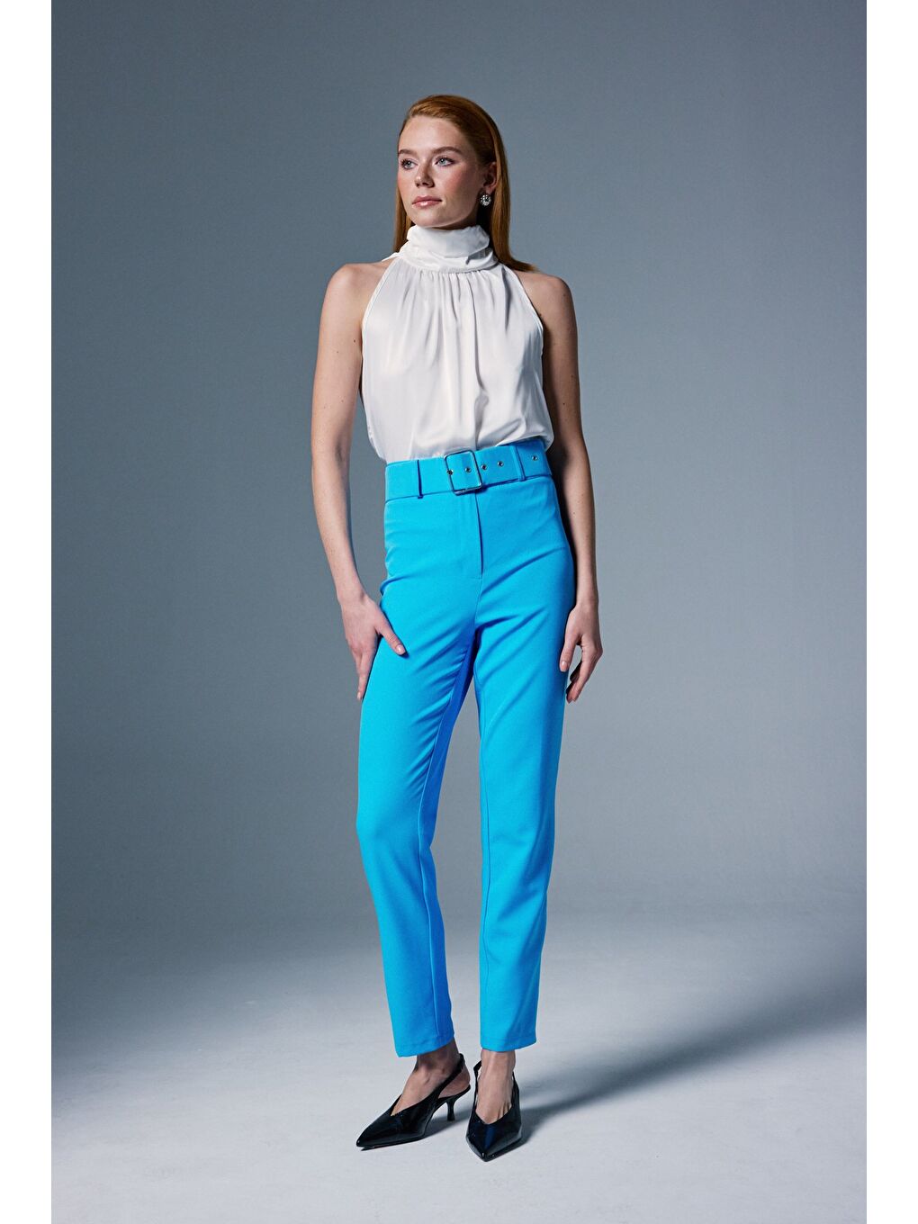 Yüksek Bel Kemerli Pantolon - Bebe Mavi-2