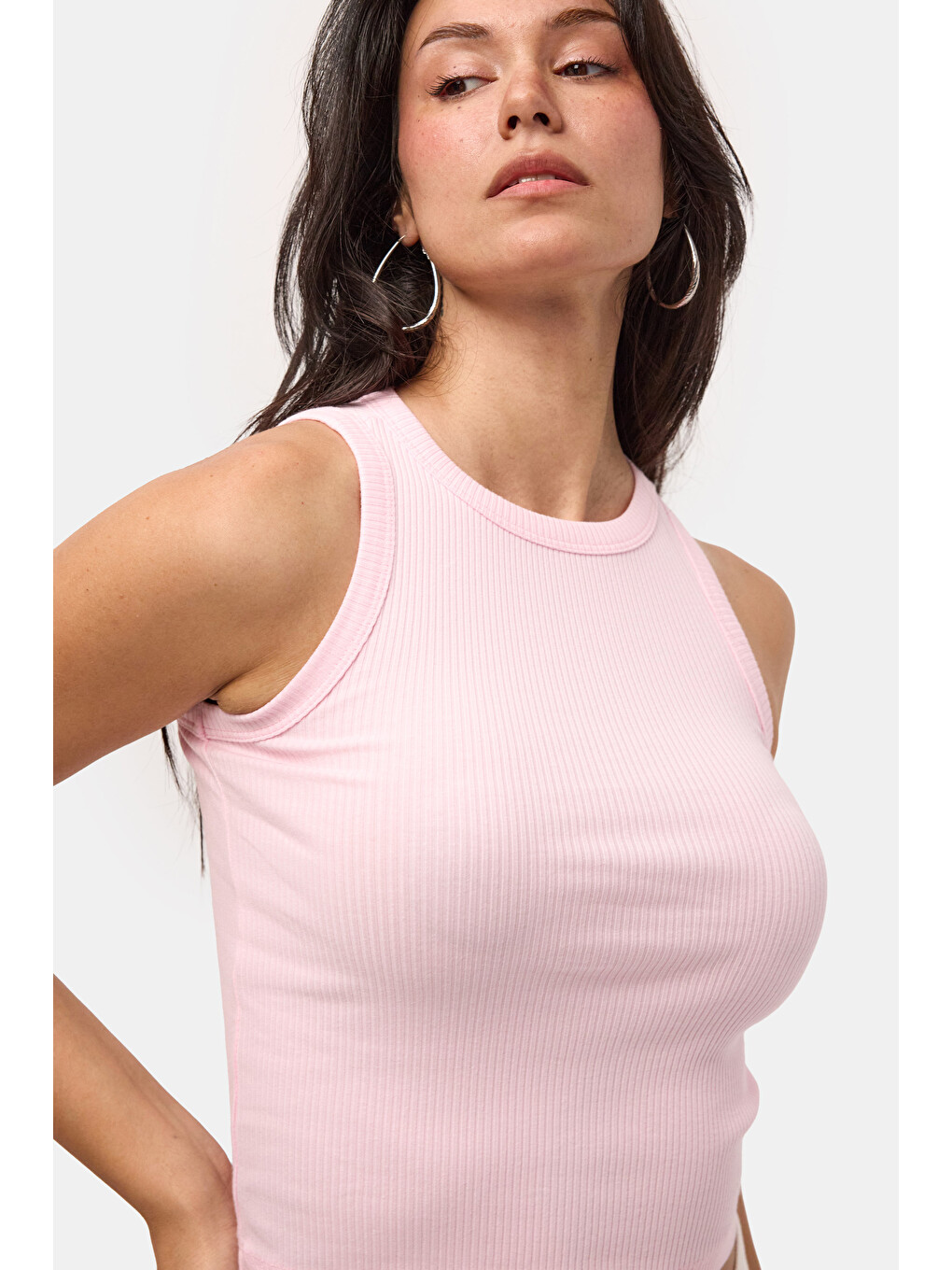 Kadın Pembe s6-98 Sıfır Kol Esnek Kumaş Crop Top-1