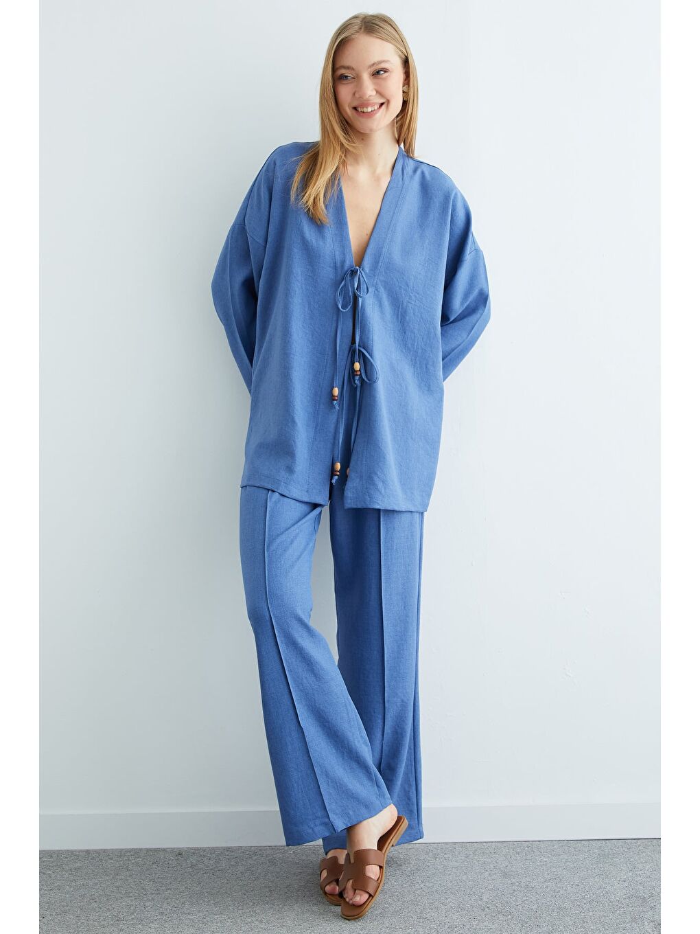 İndigo Önü Bağlamalı Keten Kimono 2 Li Takım-3