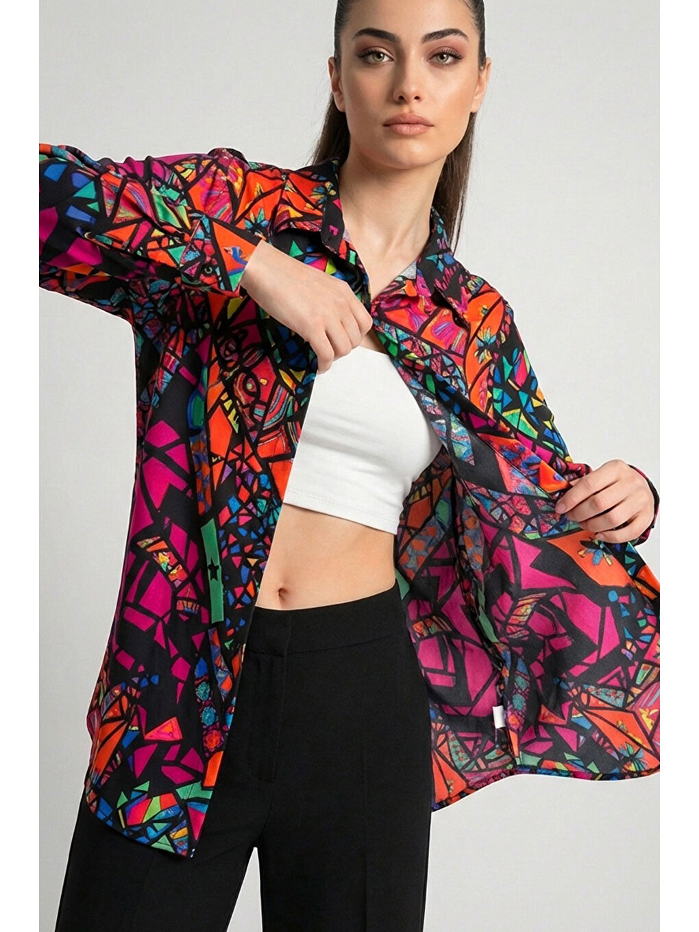 3721 Grafik Desenli Gömlek - Fuşya-4