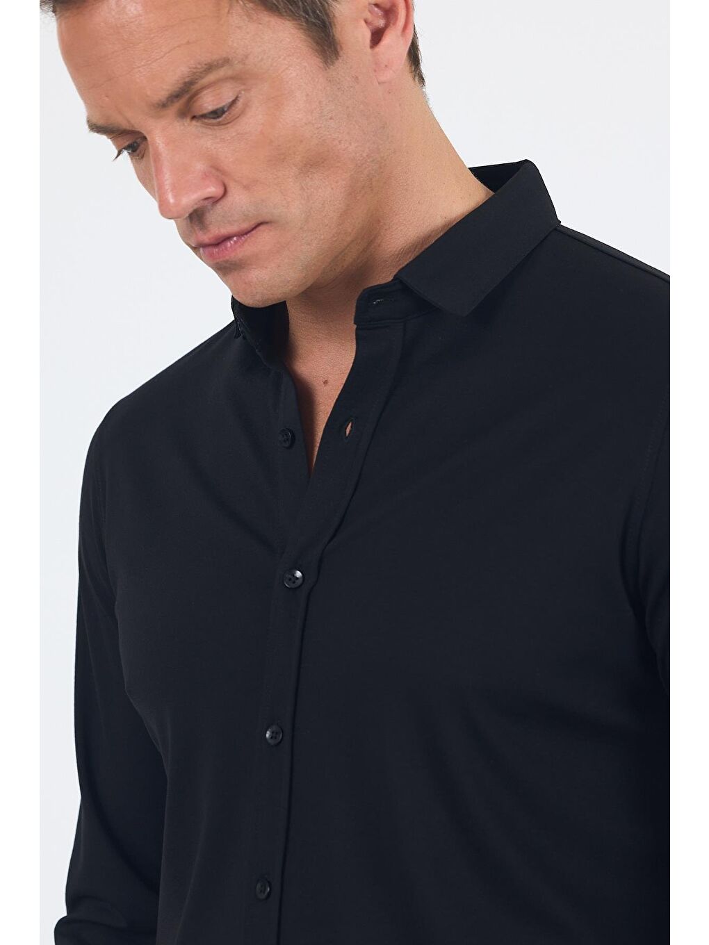 Siyah Uzun Kol Düz Örme Polo Yaka Cepsiz Esnek Classic Slim Fit Gömlek 1004250153_001-3