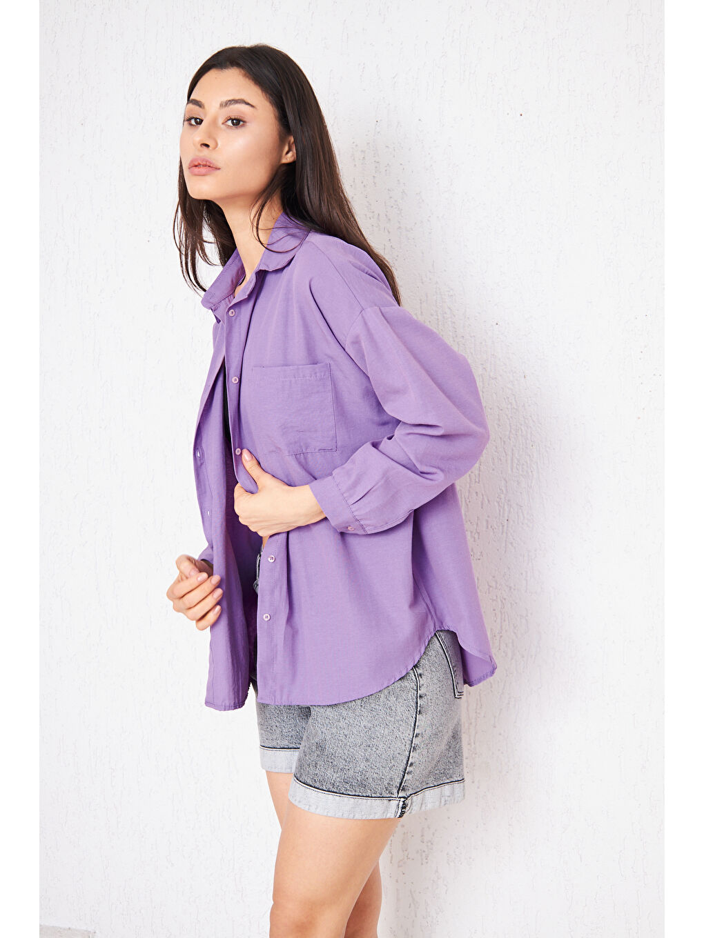 Kadın Cepli Trend Kollu Düğmeli Mor Gömlek-1