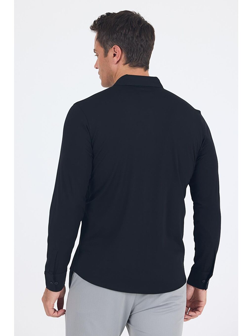 Siyah Uzun Kol Düz Örme Polo Yaka Cepsiz Esnek Classic Slim Fit Gömlek 1004250153_001-4