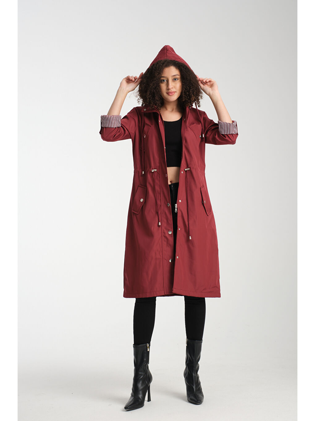 Bordo Kadın Uzun Trençkot 8154-2