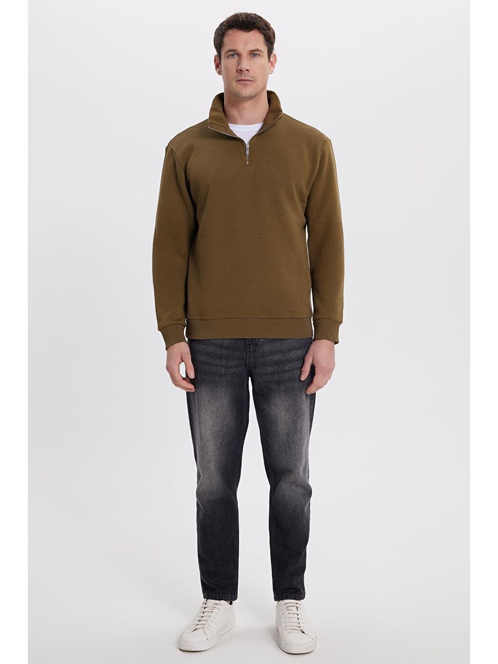 Unisex Relax Fit Rahat Kesim Pamuklu İçi Polarlı Yarım Fermuarlı Yeşil Dik Yaka Sweatshirt-3