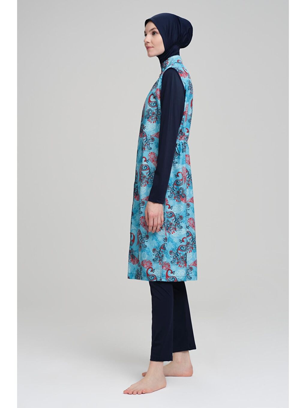 Şal Desenli Lacivert Jileli 3 Parça Tam Tesettür Mayo Takımı 2210-2