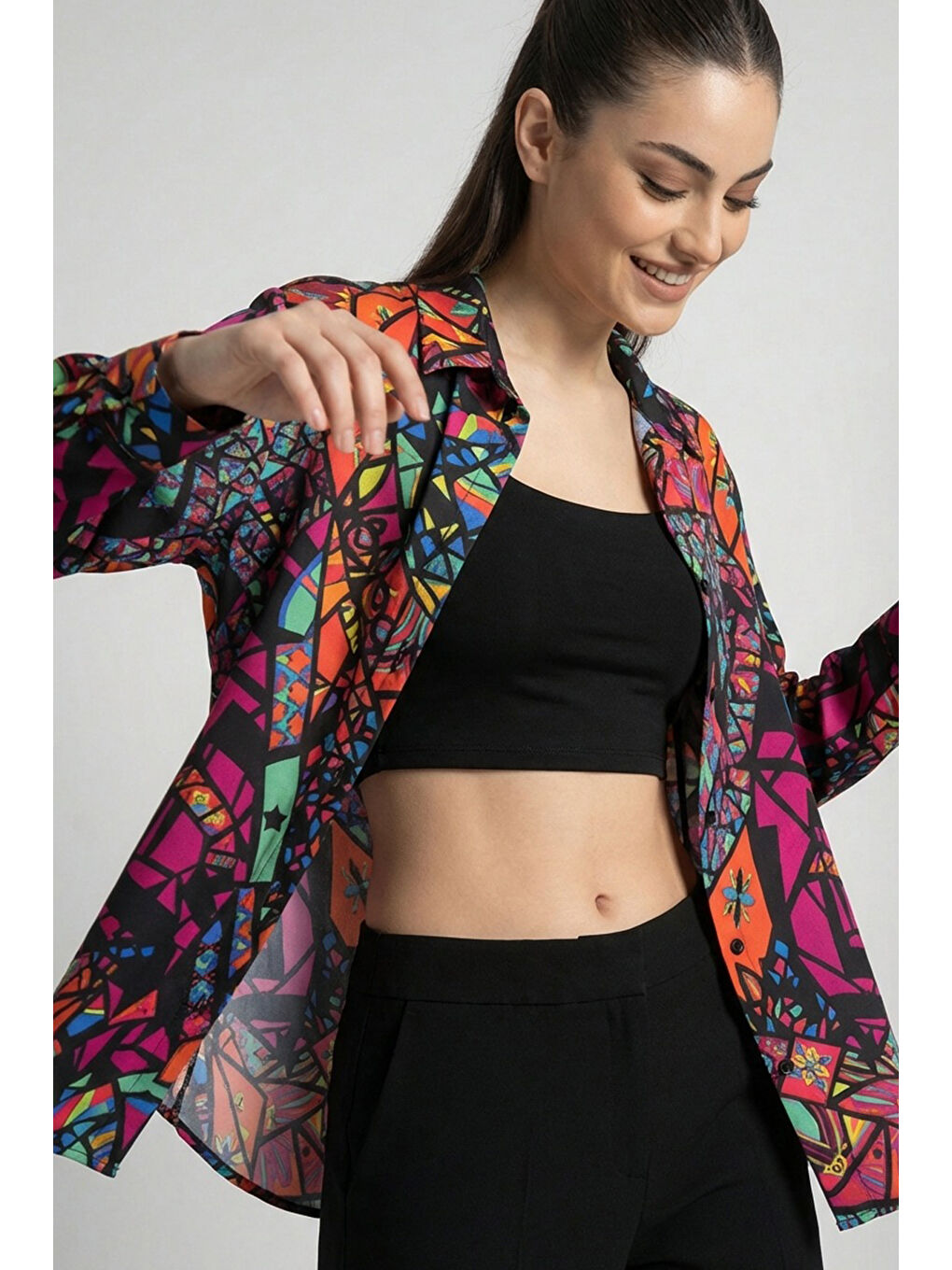 3721 Grafik Desenli Gömlek - Fuşya-5