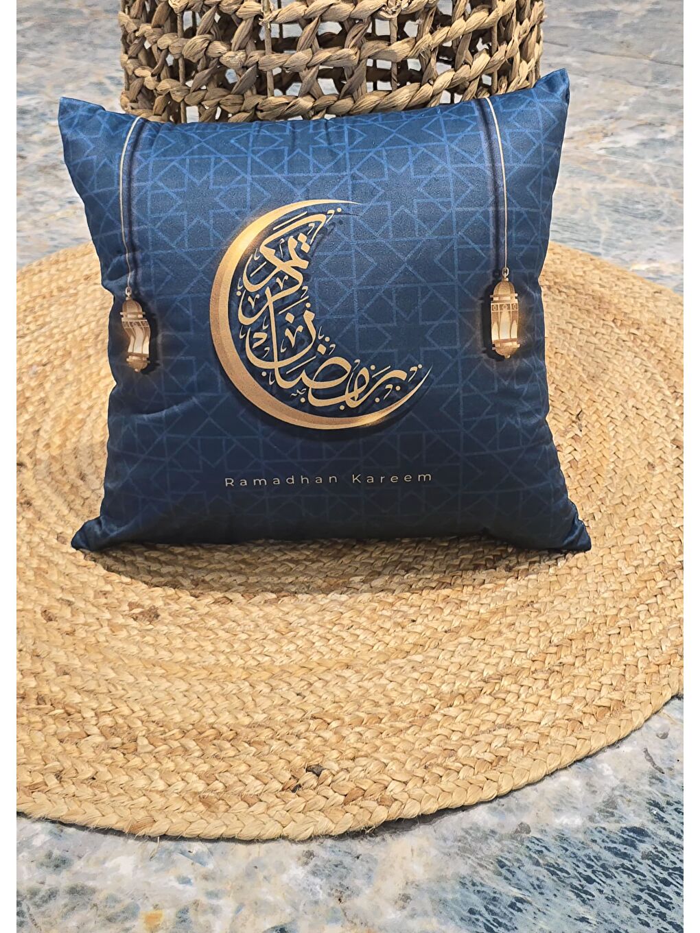 Mavi Ramazan Temalı Dekoratif Kırlent Kılıfı 43x43 cm-1