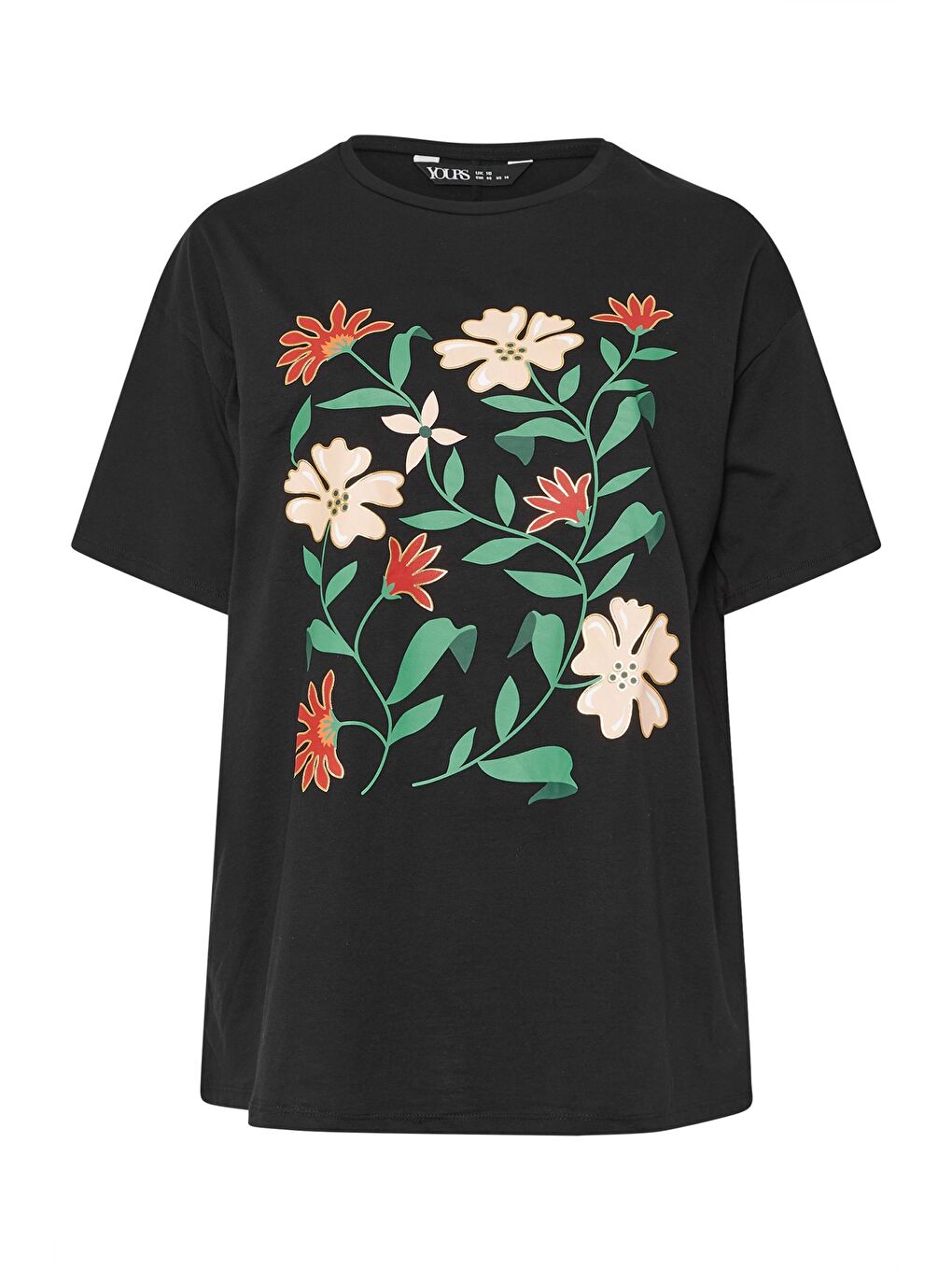 Siyah Büyük Beden Bisiklet Yaka Kısa Kollu Çiçek Desenli T-shirt 304197-5